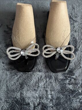 Bella Marie Black Patent Thong Sandals with Crystal Bow